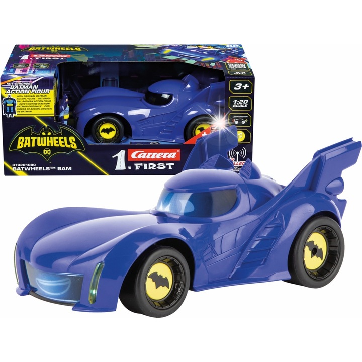 Masinuta Carrera Batmobil 1:20, set cu figurina Batman, albastru, 21x12x10cm
