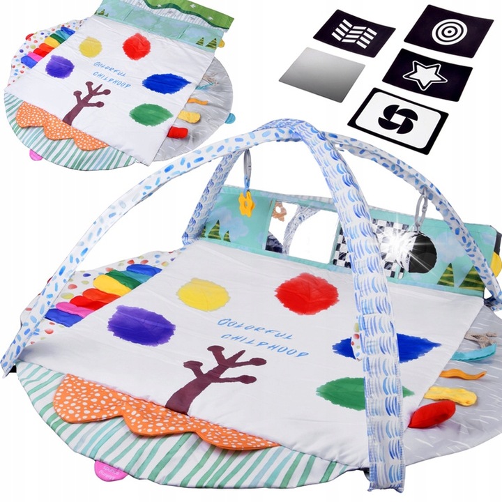 Covoras educational pentru copii, Jokomisiada, set cu carduri contrastante, jucarii de mestecat, multicolor