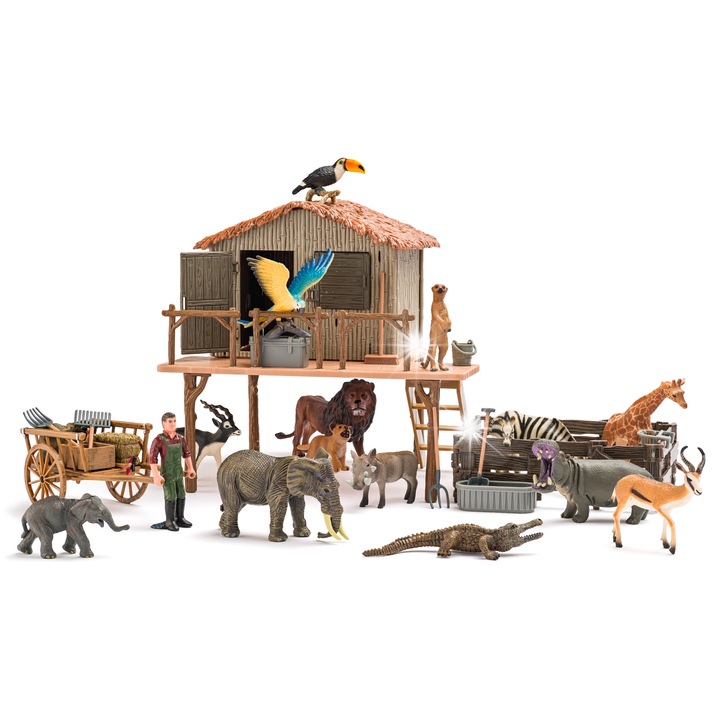 Set figurine Statie de salvare Africa, FAUNICA, 16 animale, multicolor, pentru copii de la 3 ani