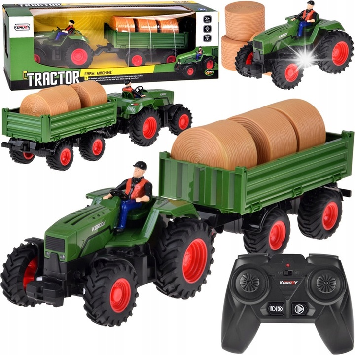 Tractor cu telecomanda cu remorca si baloti de fan, Jokomisiada, utilaje de constructie de jucarie