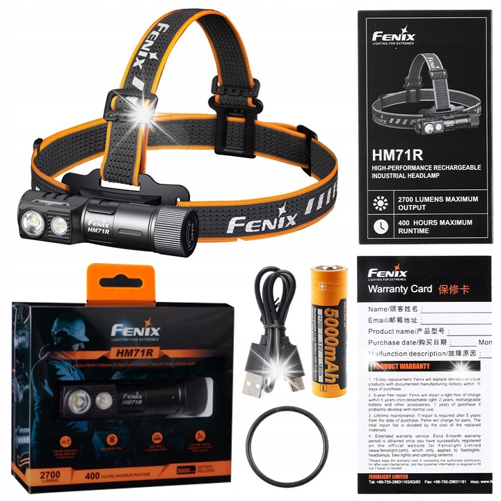 Челен фенер Fenix HM71R, 2700 лумена, черен, 106мм, комплект с акумулаторна батерия и USB-C кабел