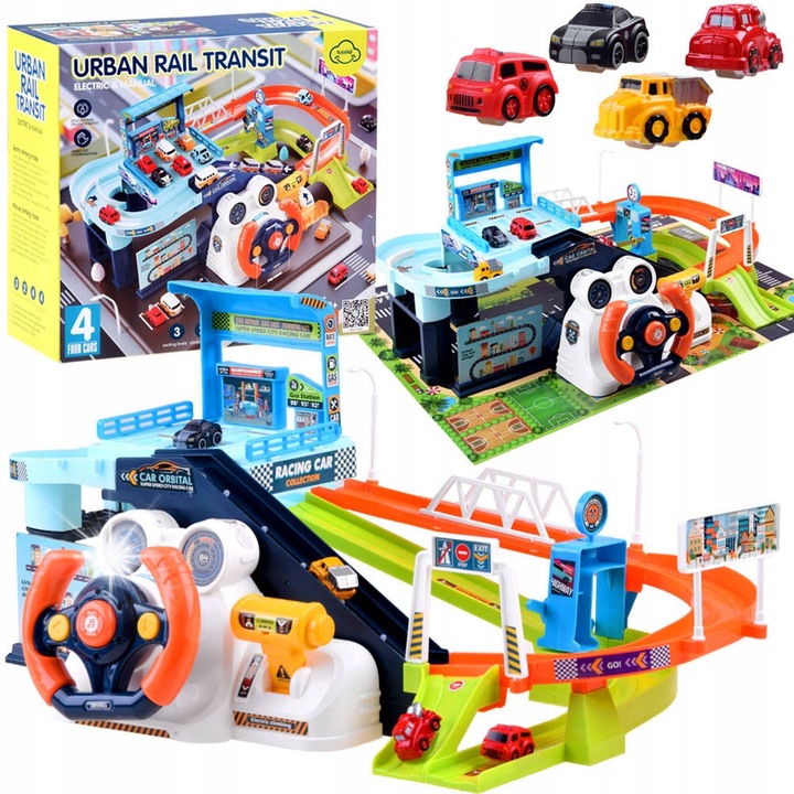 Autópálya elektromos csörlővel, kormánnyal, Jokomisiada, 4 autóval, mérete 49x28x23cm, többszínű