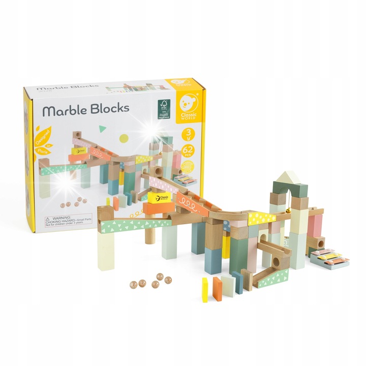 Építőjáték készlet, Classic World, golyópálya, 62 darab, pasztell színek, 3+ év