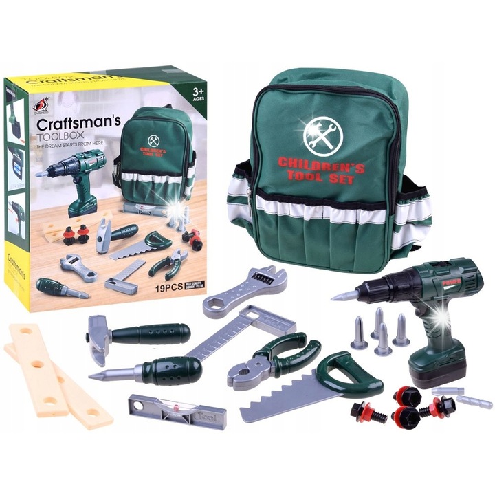 Комплект инструменти за деца, click4TOYS, тъмнозелена раница, 30x28x9см