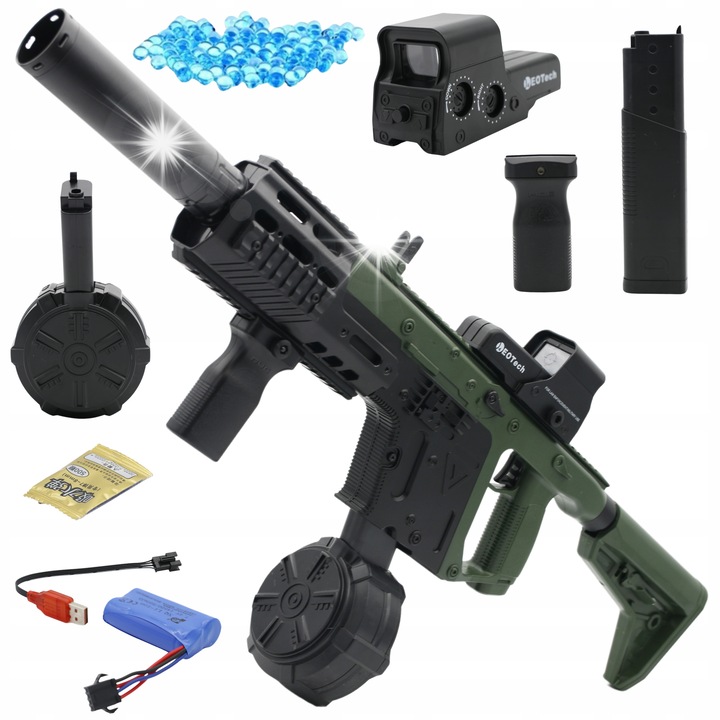 Pistol automat For Fun, model VECTOR, 2 magazine, culori negru si verde, 84x32cm