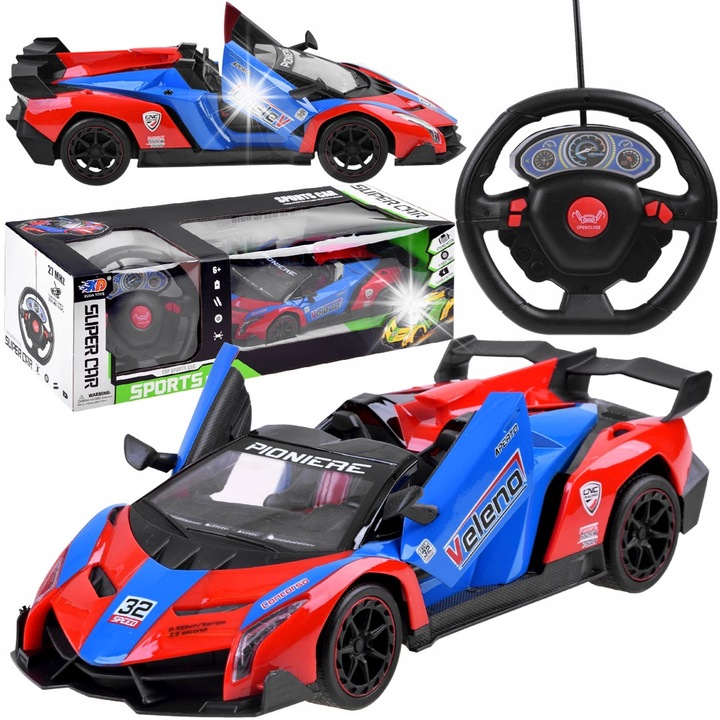 Sportautó nyitott ajtókkal, Jokomisiada, piros, 28x13x7cm, távirányítós szett