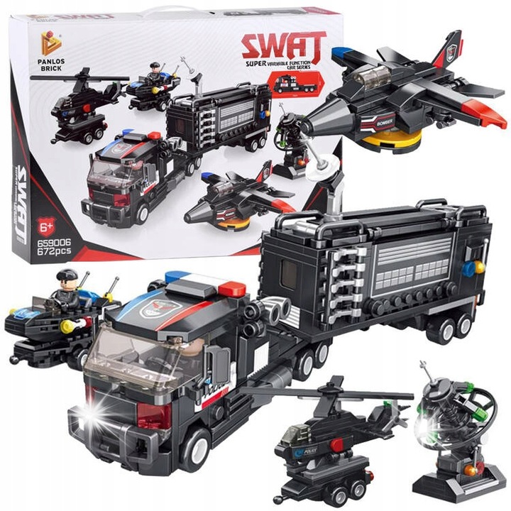 Set de constructie Jokomisiada, 672 piese, unitate SWAT, 6 vehicule, negru, 14x6cm
