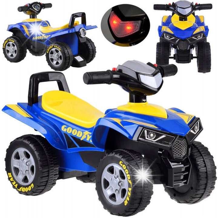 Детско бъги Quad Goodyear със звук и светлина, 60x31x40 см, синьо с жълти детайли, за деца над 18 месеца
