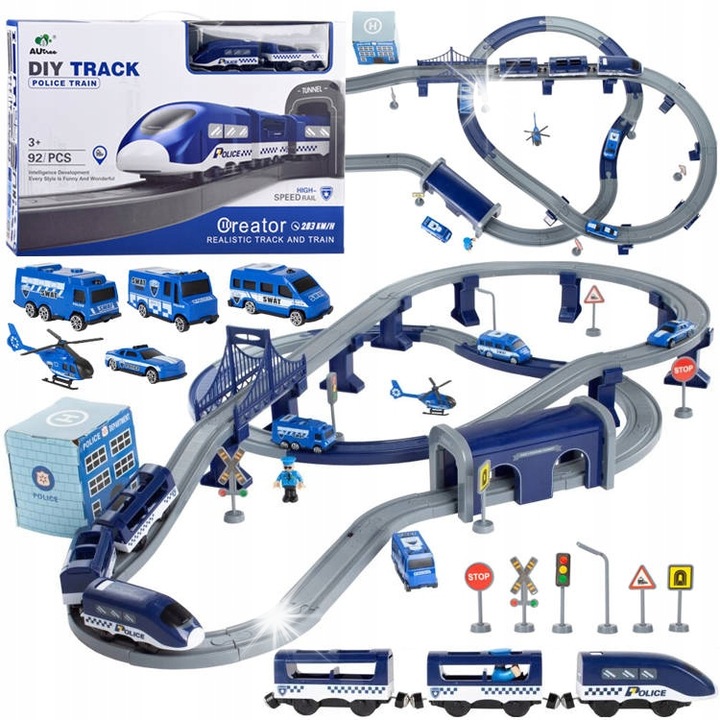 POLICIA elektromos vonatkészlet, Jokomisiada, 92 darab, többszínű, 52x35x7,5cm