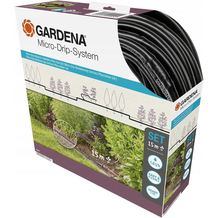 Set de inceput Gardena linie picurare 15m, pentru randuri de plante, plastic, dimensiuni 23,5x6x24,5cm
