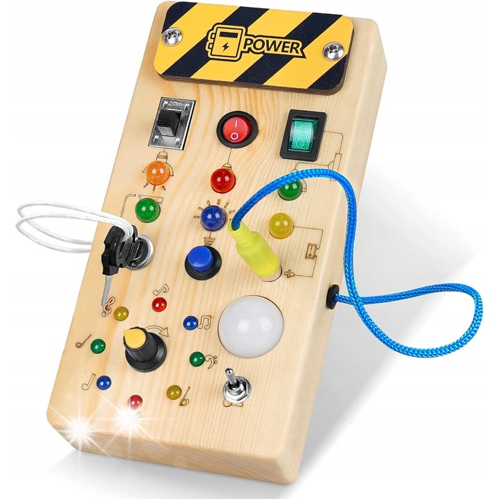 Tablica senzoriala educationala LED din lemn cu comutatoare, KIDINO, multicolor, 30x45cm