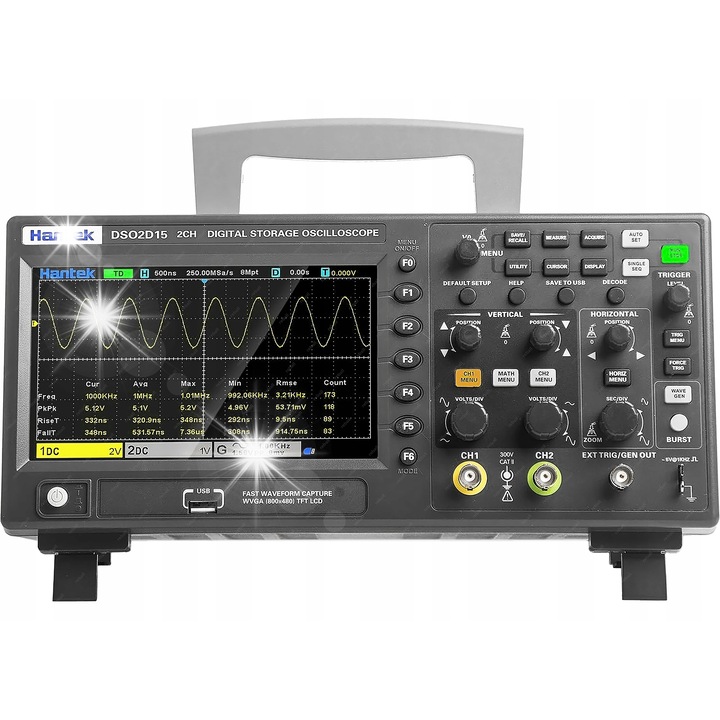 Цифров осцилоскоп DSO2D15 Hantek 2 канала 150MHz, генератор 25MHz, 7 инча, 800x480