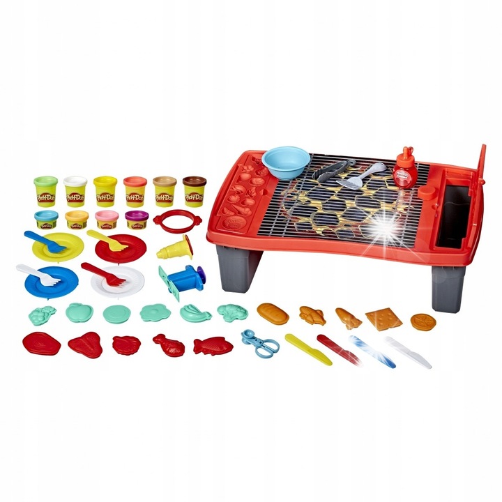 Play-Doh gyurma játékszett, Hasbro, 10 tégely, grillező kiegészítők, 54x35cm