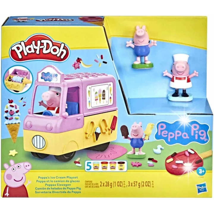 Set creativ Play-Doh Peppa Pig, furgoneta cu inghetata, 5 culori, 56g si 28g