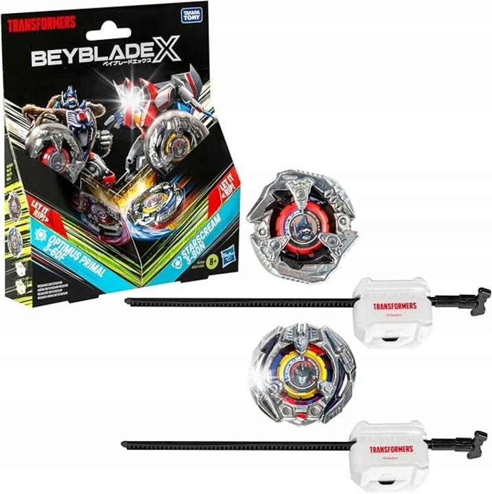 Set 2 lansatoare Beyblade X, Hasbro, Optimus Prime 4-60P vs Megatron 4-80B, 5cm, pentru baieti de la 8 ani