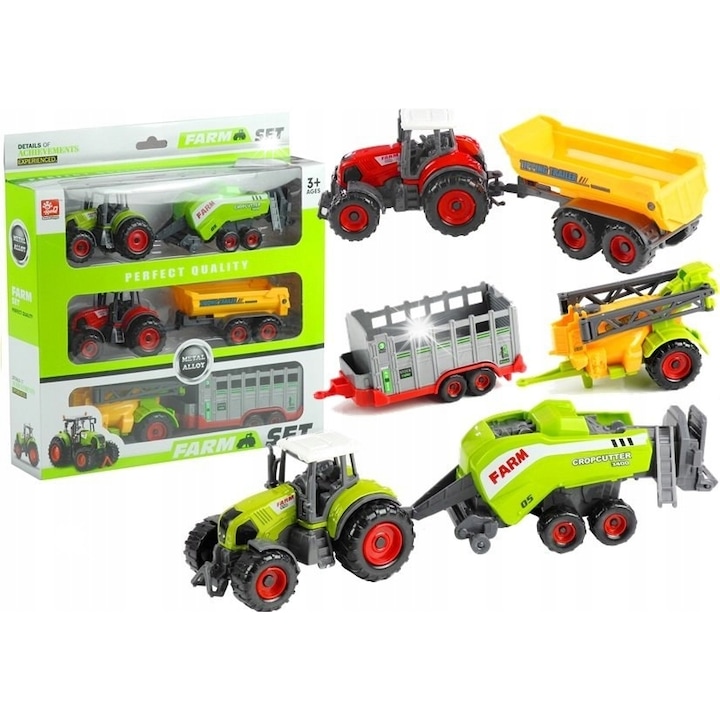 Set utilaje agricole LEAN Toys, 2 tractoare, 4 masini, multicolor, 28,5x29x7cm