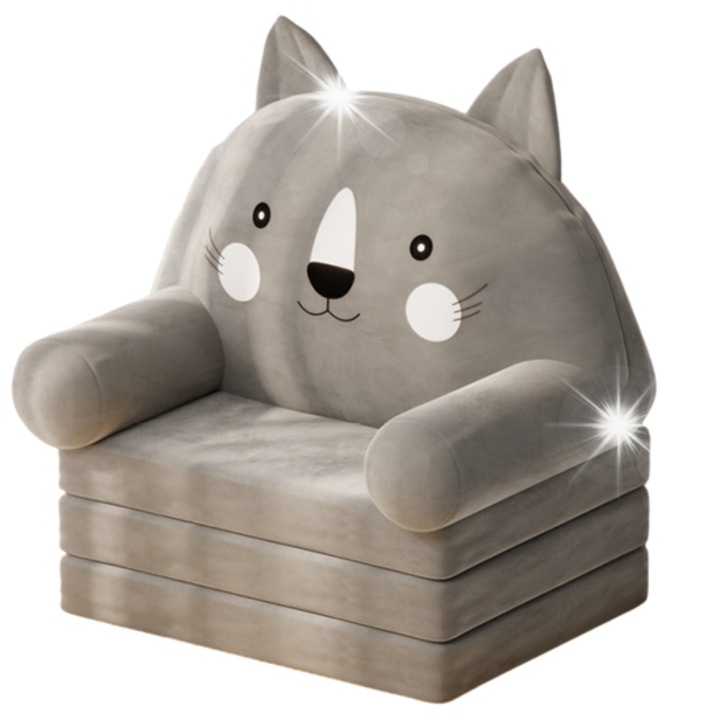 Fotoliu pliabil pentru copii, LEAN Toys, model pisica, gri, 56x50cm