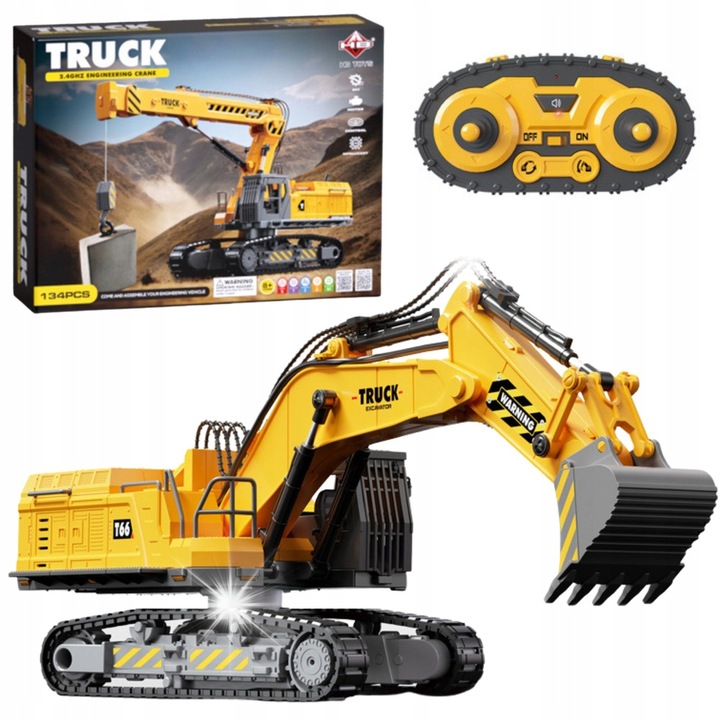 Set de constructie, LEAN Toys, excavator radio controlat, 133 elemente, 2.4GHz, pentru copii 8+