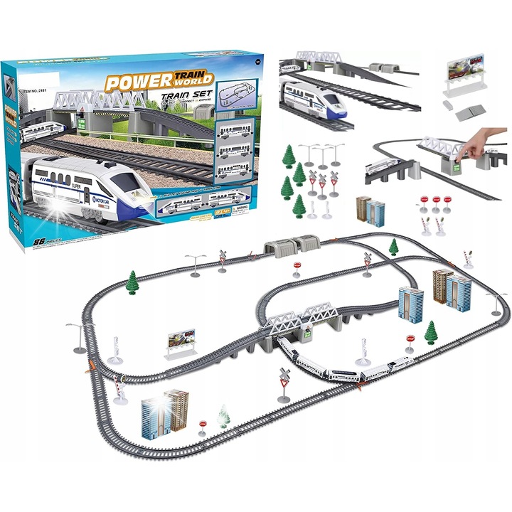 Trenulet de jucarie, Bobo-San, locomotiva, set cu sine, cladiri, semne, 9m