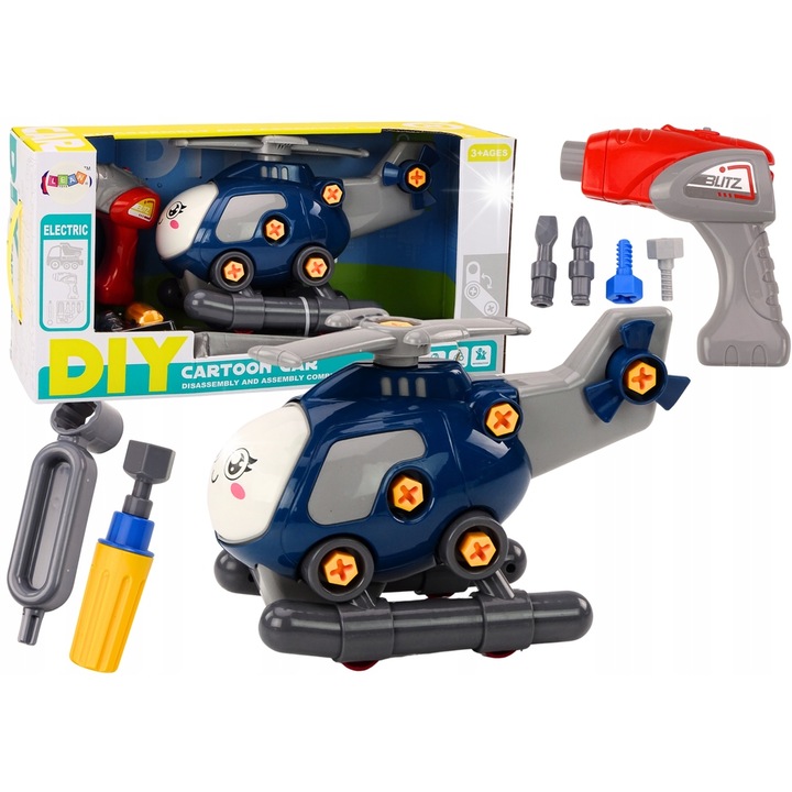 Helicopter de jucarie, LEAN Toys, albastru, 27x19,5x14cm, set cu unelte