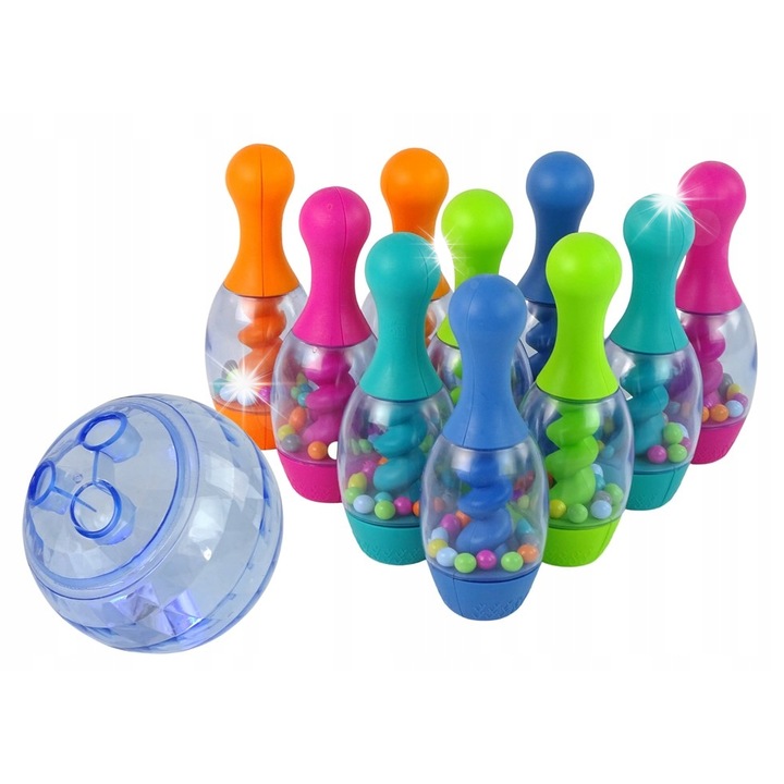 Комплект игра за сръчност с 10 кегли, цветна топка, стойка, LEAN Toys, 20 см, многоцветен