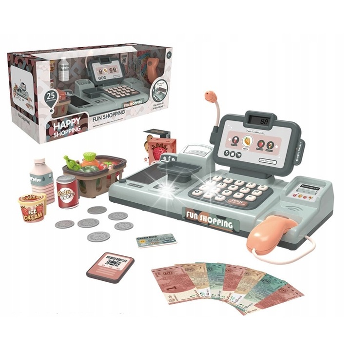 Set joaca supermarket Bobo-San, casa fiscala cu microfon, cantar, cititor coduri, albastru-roz, 33x16x14cm