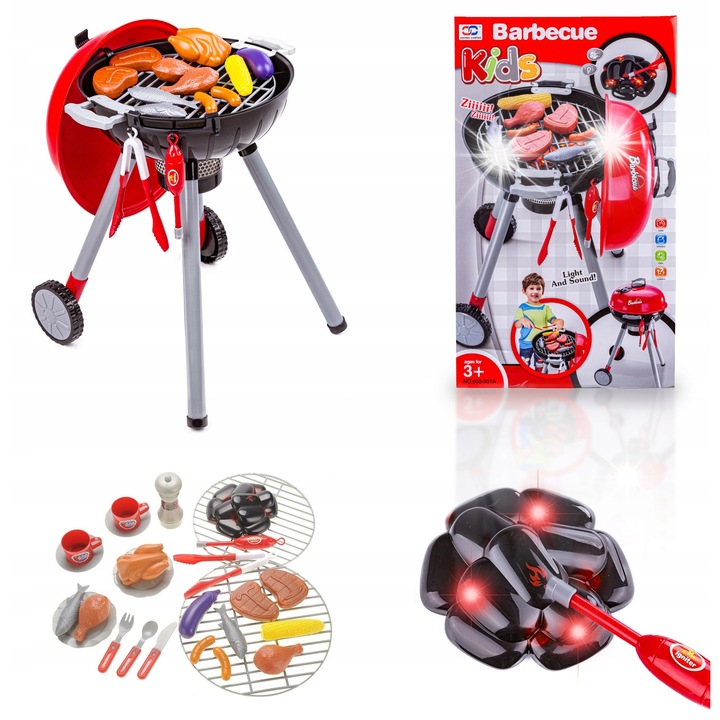 Gurulós grill fedővel gyermek konyhákhoz, Xiong Cheng, teljes készlet tartozékokkal, fényhatásokkal, 56x37x34,5cm