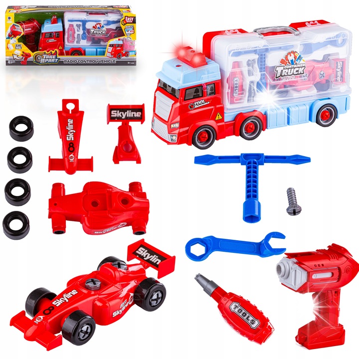 RC szétszerelő készlet 2,4 GHz, teherautó, versenyautó, fúró, DK, 58x23x17cm