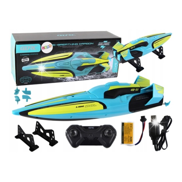 Barca cu telecomanda LEAN Toys, 2.4G, turcoaz-galben, viteza maxima 40 km/h, waterproof
