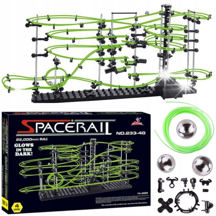 Set de construit pista cu bile luminoasa SpaceRail, 22m, 4 bile din otel, nivel 4, set de constructie