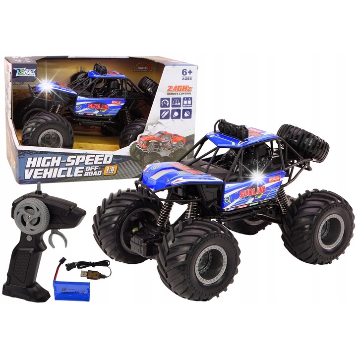 Masinuta RC 1:8, LEAN Toys, teren, amortizoare, albastra, set cu acumulator si incarcator