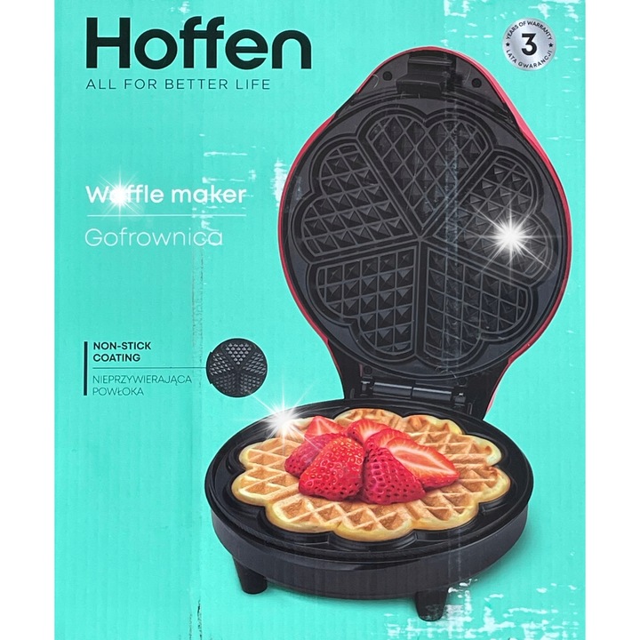 Gofron Hoffen ZZ-1517/24/1MPM 1200 W, 5 gofre in forma de inima, culoare rosie