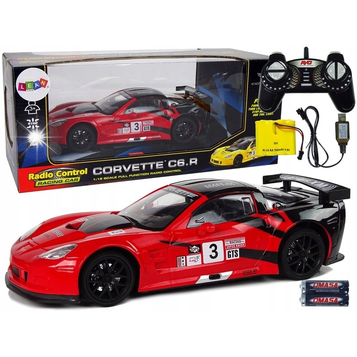 Masinuta sportiva R/C LEAN Toys Corvette C6.R, rosu, 1:18, 2.4G, 23x12x8cm, set complet