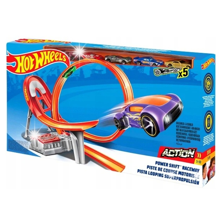Set Hot Wheels, circuit 76,2cm, 5 autek, cu loop 360° si accelerare