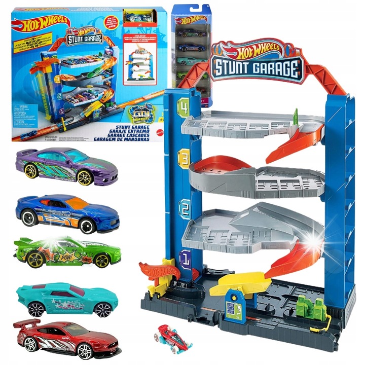 Set Masinute Hot Wheels, Zestaw Parking cu Lift, 4 Pietre, 5 Aute K Drift