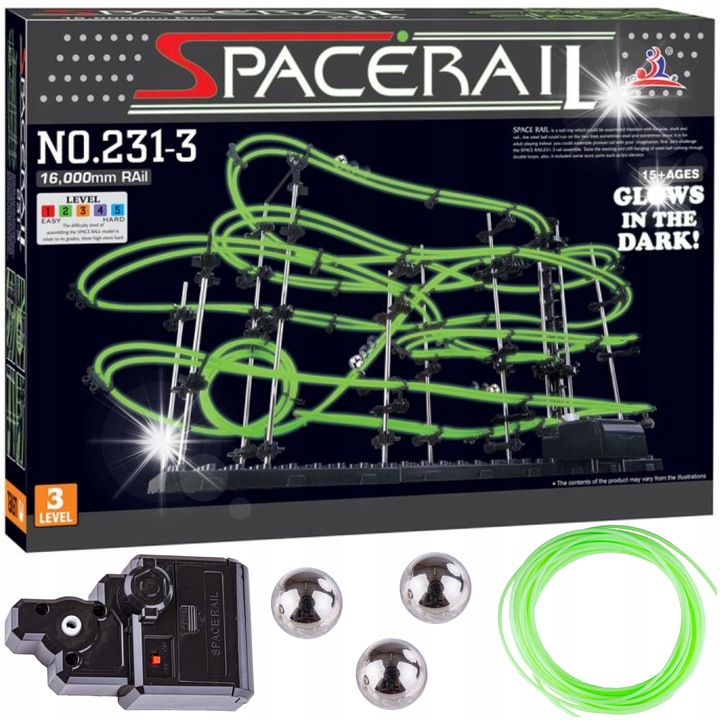 Set constructie pista pentru bile 16 metri, SpaceRail, metal, 3 bile de otel, 71x20x36cm