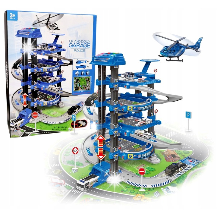 Garaj cu parcare, Doris, set 78 elemente, 2 masini politie, 1 elicopter, 66,5x45x41cm, multicolor
