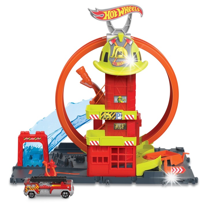 Set Hot Wheels City, Remiza strazacka, pista cu bucla, 1x masinuta, multicolor
