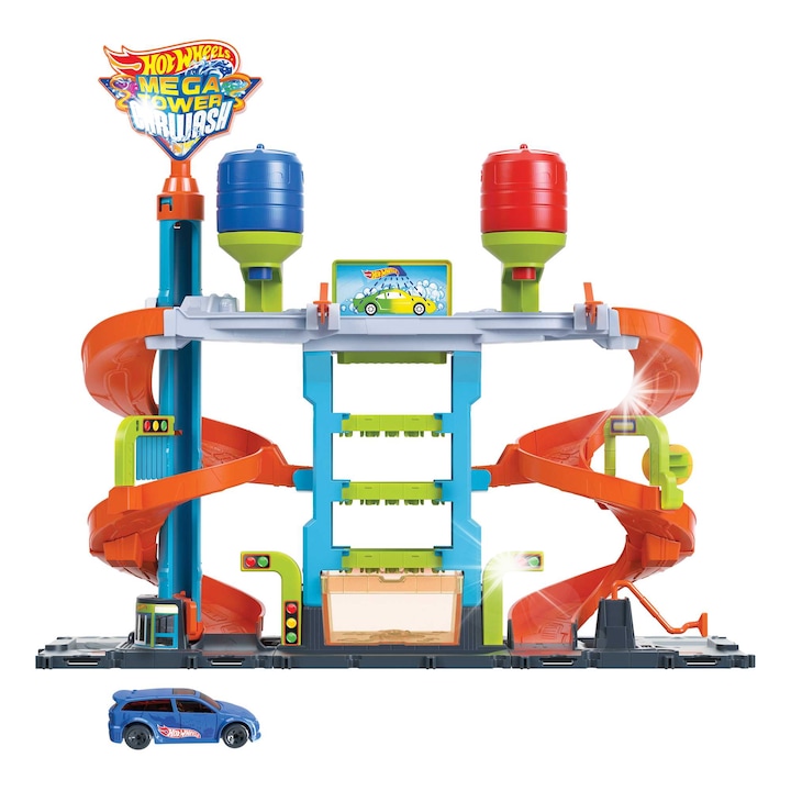 Garaj Hot Wheels, Zakrecona megamyjnia, 3 locuri, tehnologie schimbare culoare, 1:64, pentru baieti, de la 4 ani