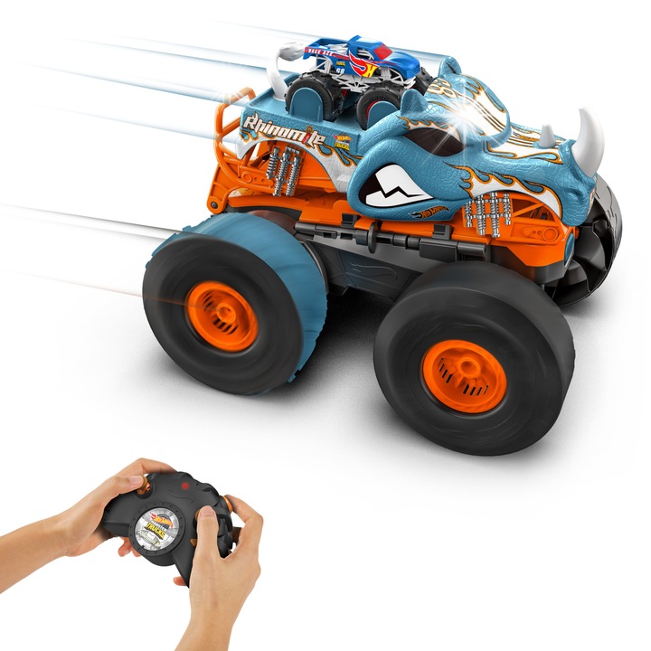 Masinuta RC Hot Wheels Monster Truck Rhinomite Mega Transformare, 1:12, 1:64, multicolor, set cu 2 vehicule