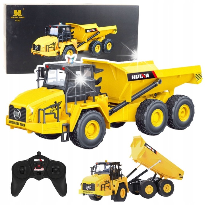 Camion cu basculanta RC, Huina, 1:16, galben/negru, 43x15x25cm, set complet