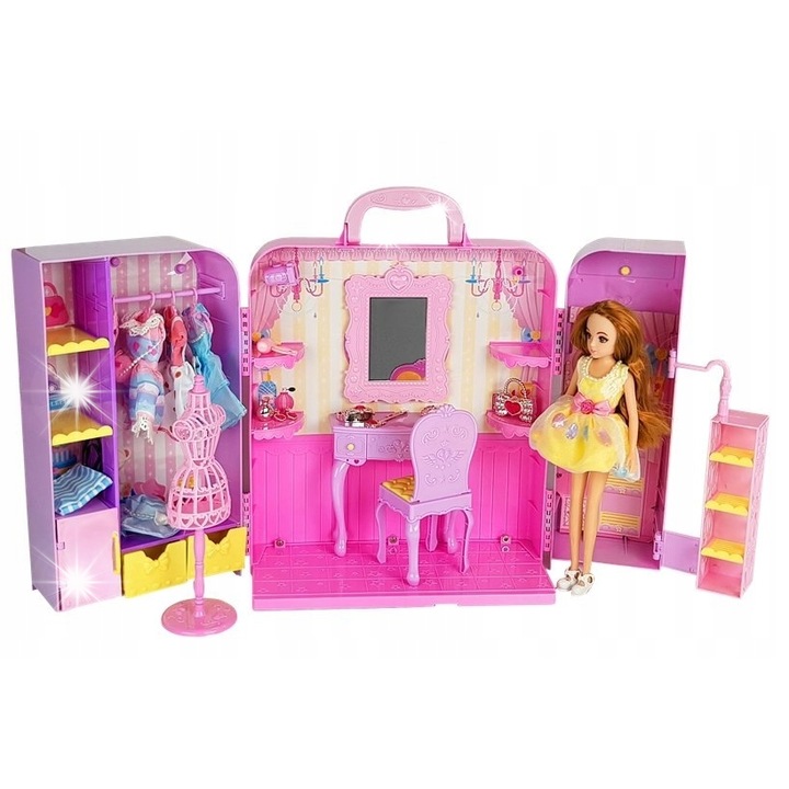 Garderoba cu lumina si oglinda, LEAN TOYS, cu papusa 26 cm, roz, accesorii multiple