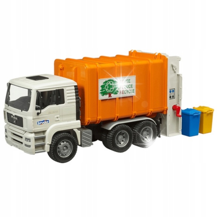 Camion de gunoi cu incarcare din spate Bruder 02772, 2 containere, 52x18x25.8cm, multicolor