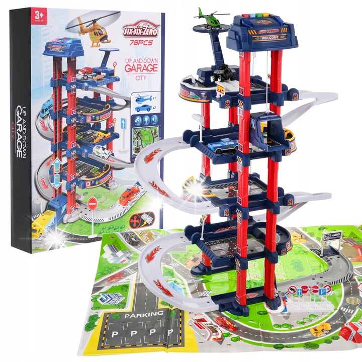 Interaktív parkoló gyerekeknek, Six-Six-Zero, többszínű, 66x49x33 cm, elektromos lifttel és hangeffektekkel