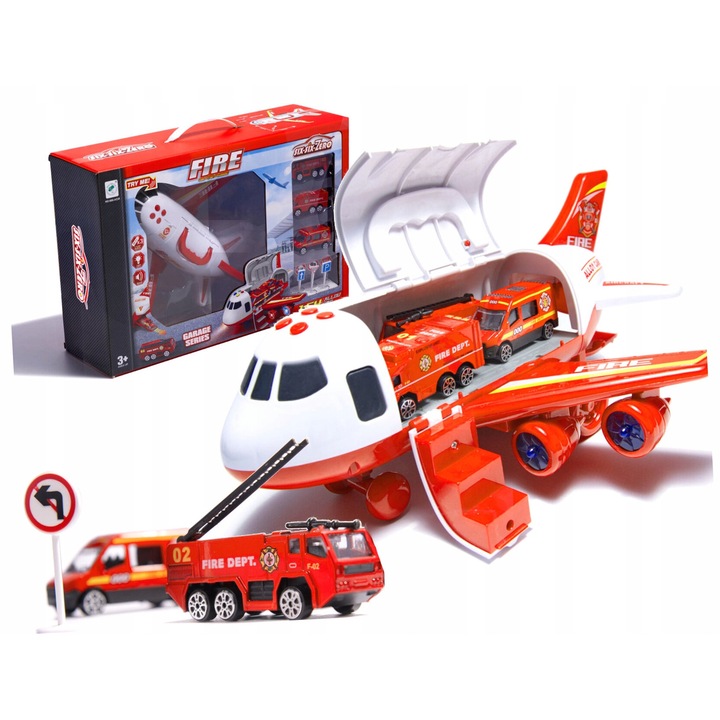 Avion transportator, Six-Six-Zero, cu 3 vehicule de pompieri si semne, 30x25x14 cm, efecte luminoase si sonore