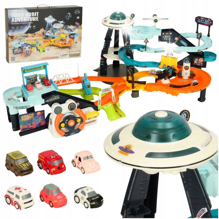 Autóversenypálya, Ikonka, 6 autós készlet, interaktív, autó mérete 3,5x2x2cm