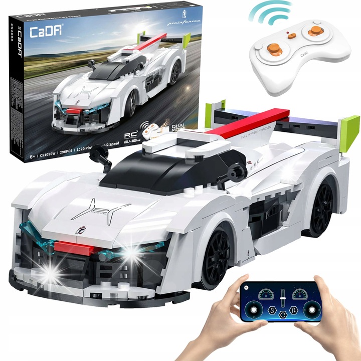 Távirányítós autó CaDA Pininfarina H2 Speed, 296 elemes, kétmódusú, fehér, 21,5x8,5x5,5cm