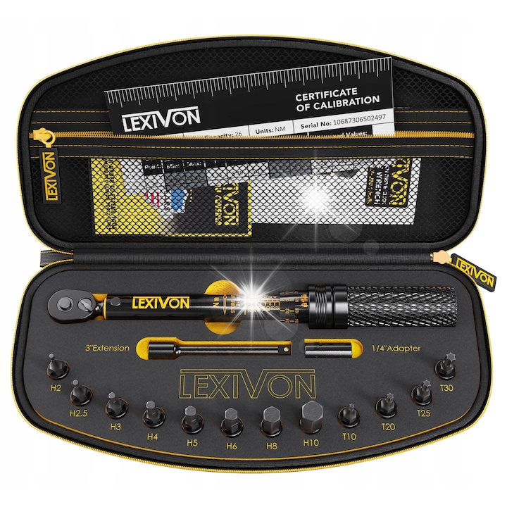 Cheie dinamometrica 1/4", Lexivon, 2-26Nm, set 15 biti HEX si TORX, 7,6cm prelungire
