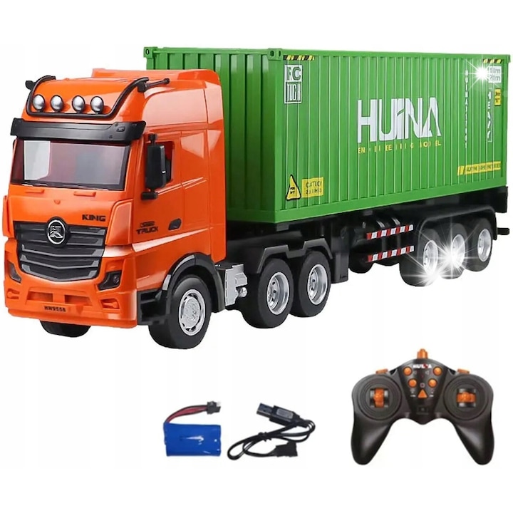 Játék teherautó, Huina Toys, pótkocsival, 57 cm, LED-ekkel, távirányítóval