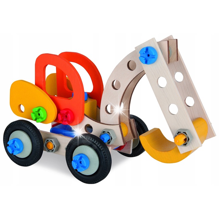 Set de constructie 3 in 1, Eichhorn, excavator, tractor cu prindere, 90 elemente, lemn, multicolor